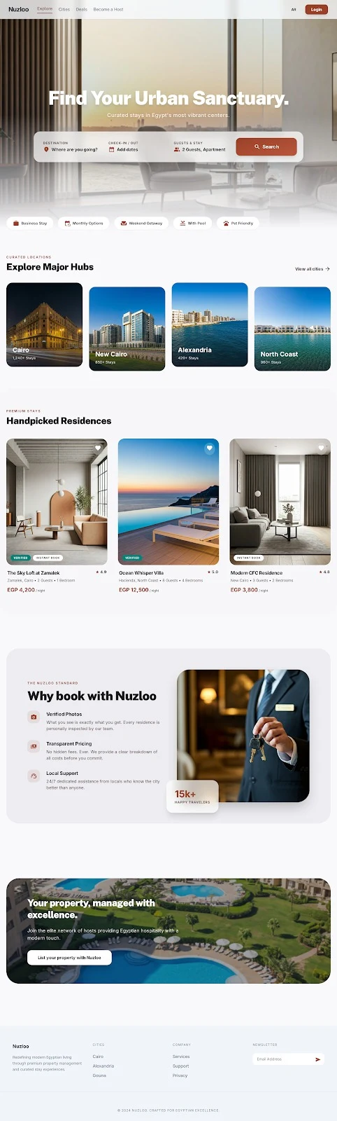 لقطة شاشة كاملة للصفحة الرئيسية لموقع Nuzloo Hospitality
