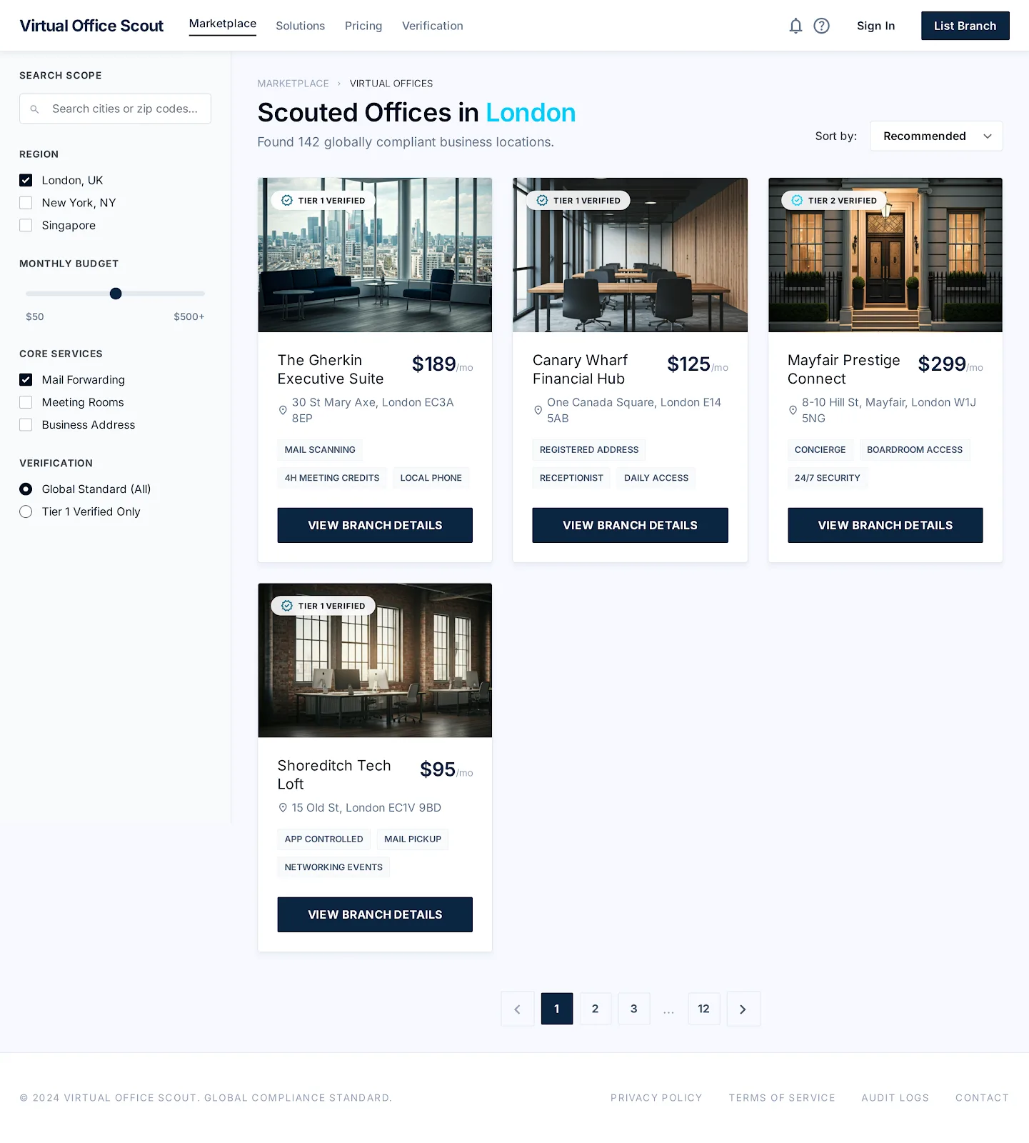 واجهة بحث سوق Virtual Office Scout
