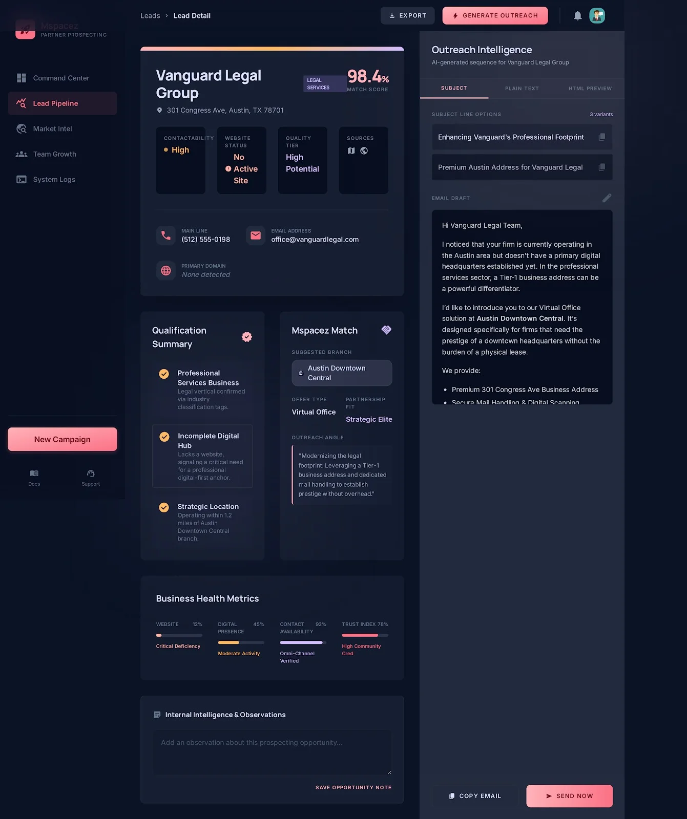واجهة تفاصيل العميل المحتمل في Prospecting Dashboard
